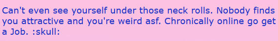 Guestbook message saying: "Can't even see yourself under those neck rolls. Nobody finds you attractive and you're weird a s f. Chronically online, go get a job. skull emoji"